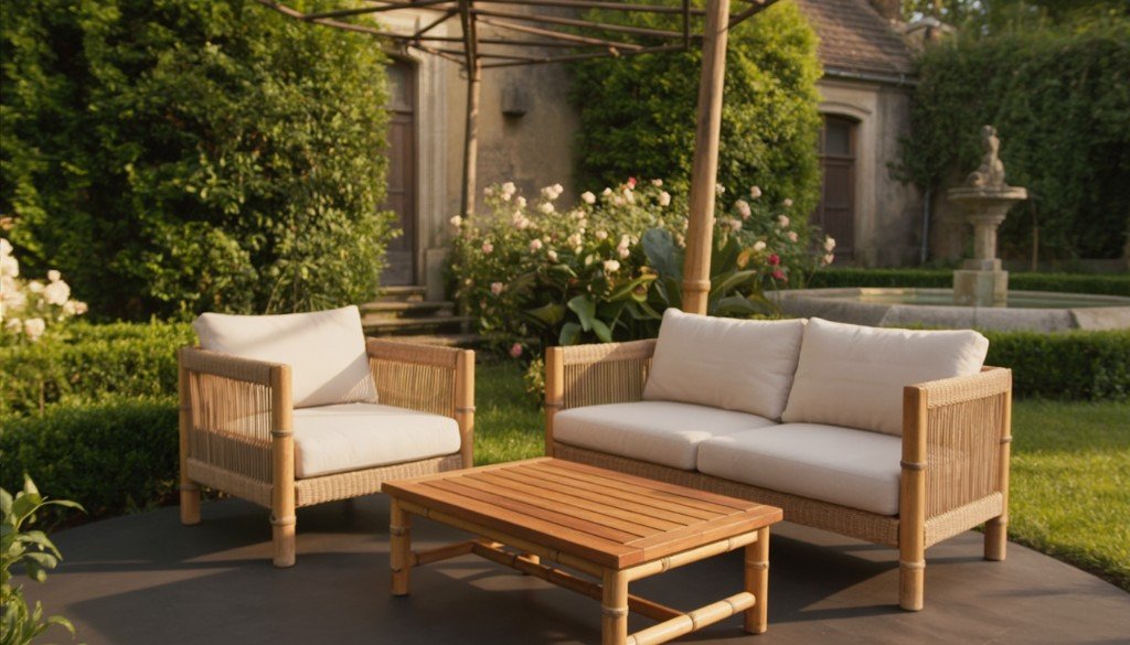 Bamboo sofa set with armchair and coffee table in a European garden at golden hour