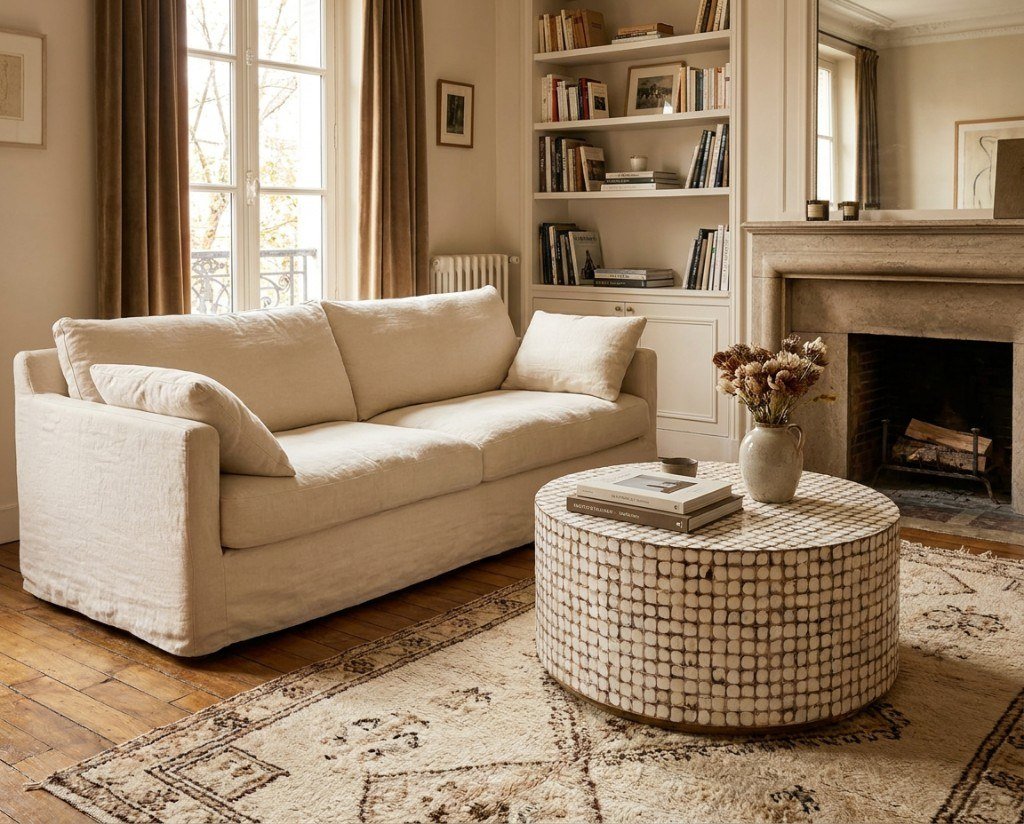 Round coconut shell mosaic coffee table in a living room