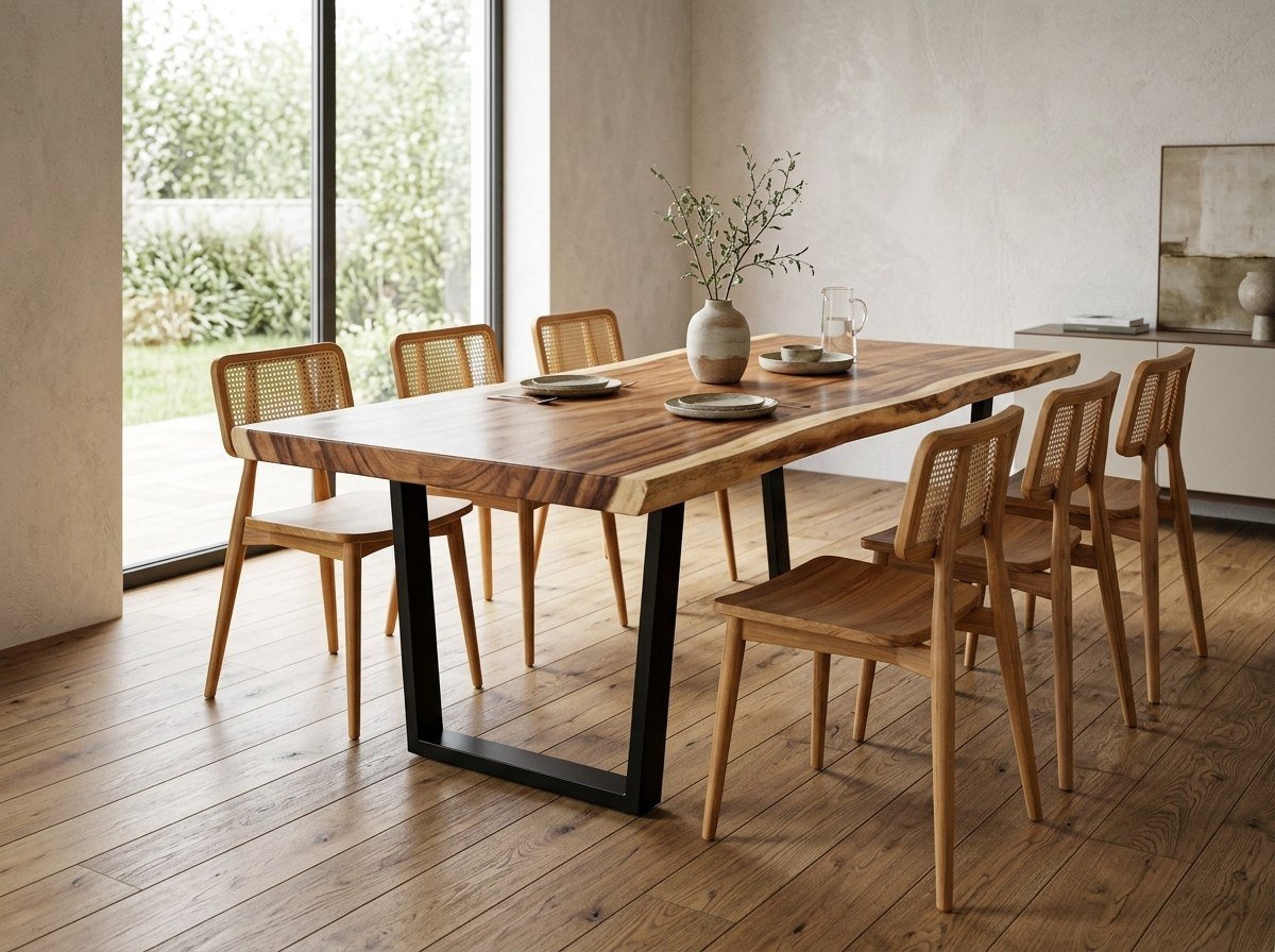 Suar dining table with teak and rattan chairs