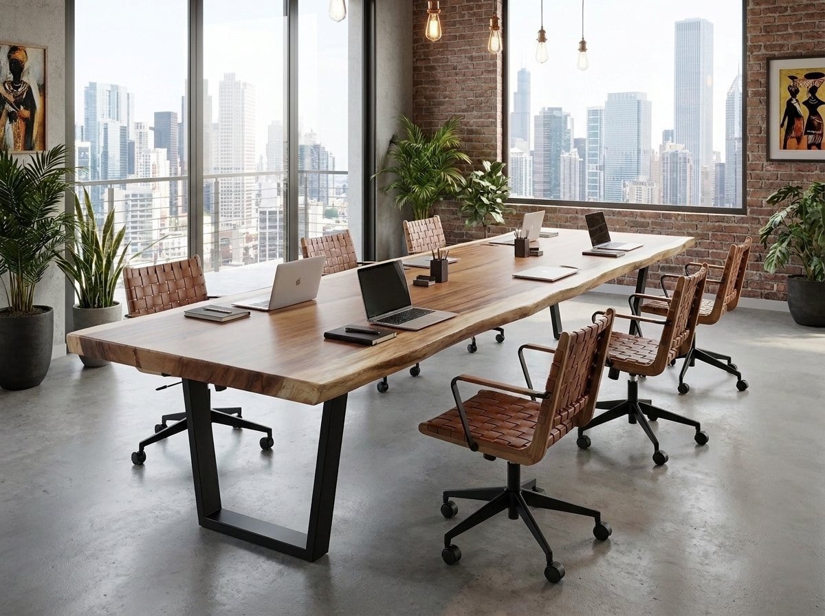 Live-edge Suar slab used as an office meeting table